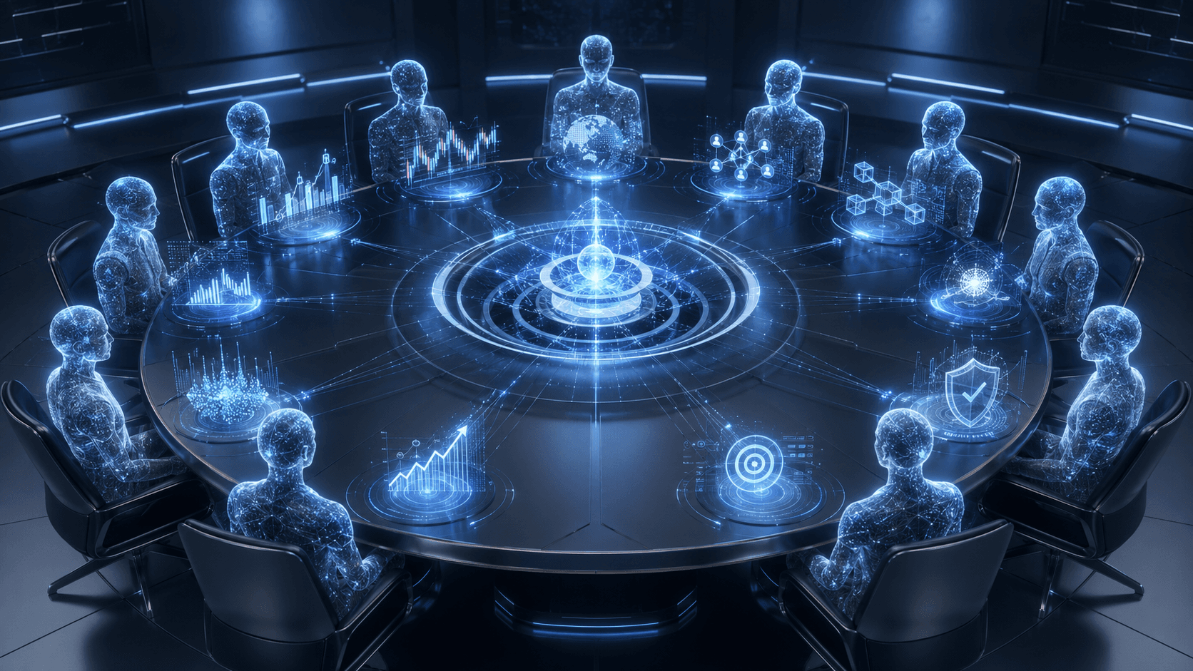 Conselho de inteligências artificiais avaliando dados e risco